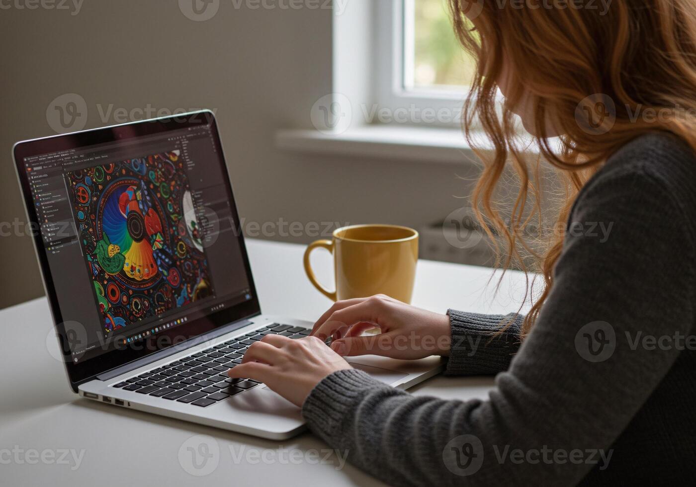 Woman working on a computer with a creative artwork photo