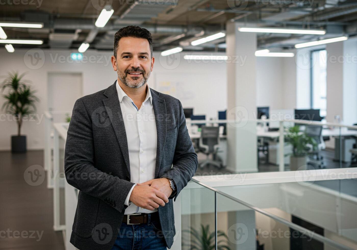 A business professional posing in a modern office environment. photo