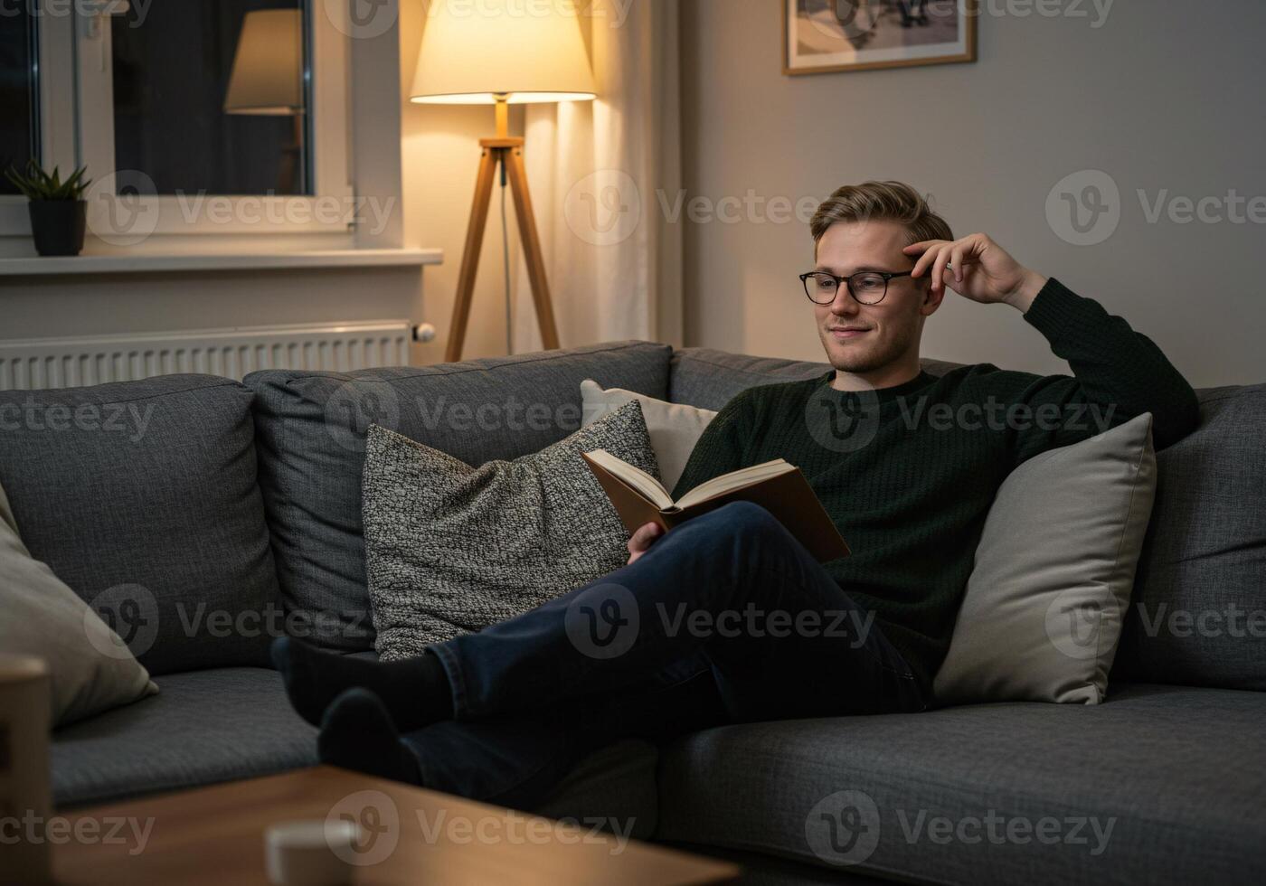 Man relaxing on a couch and reading a book in a cozy living room photo