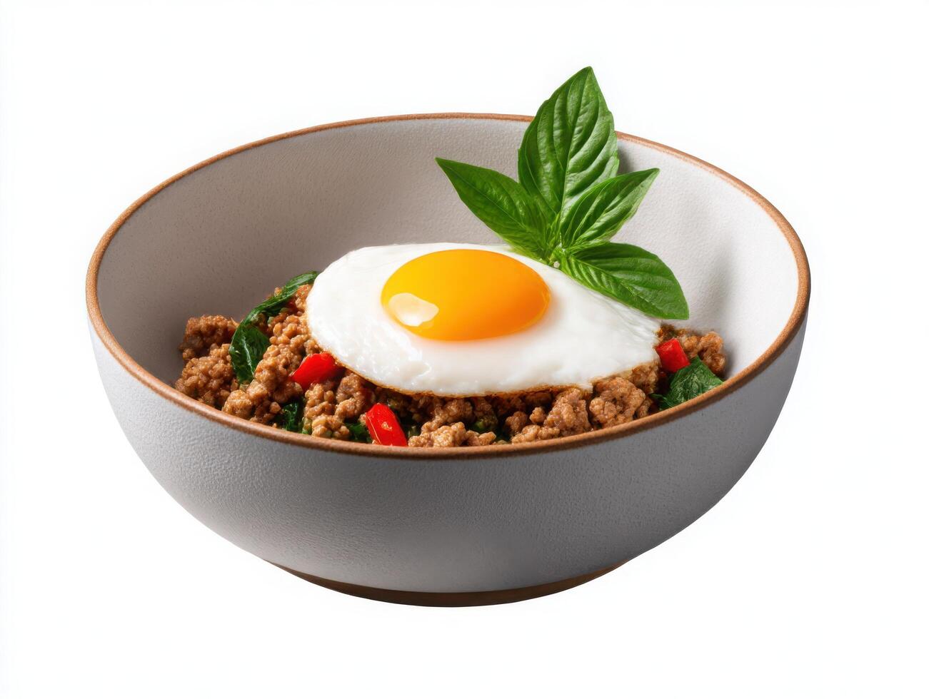 A bowl with an egg and meat on top photo