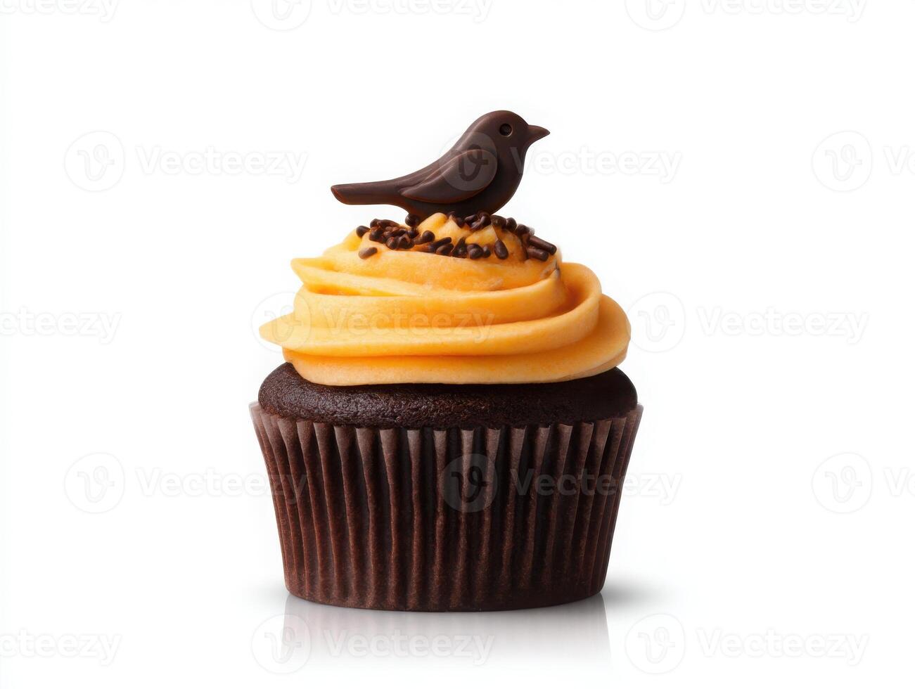 A chocolate cupcake with a bird on top photo
