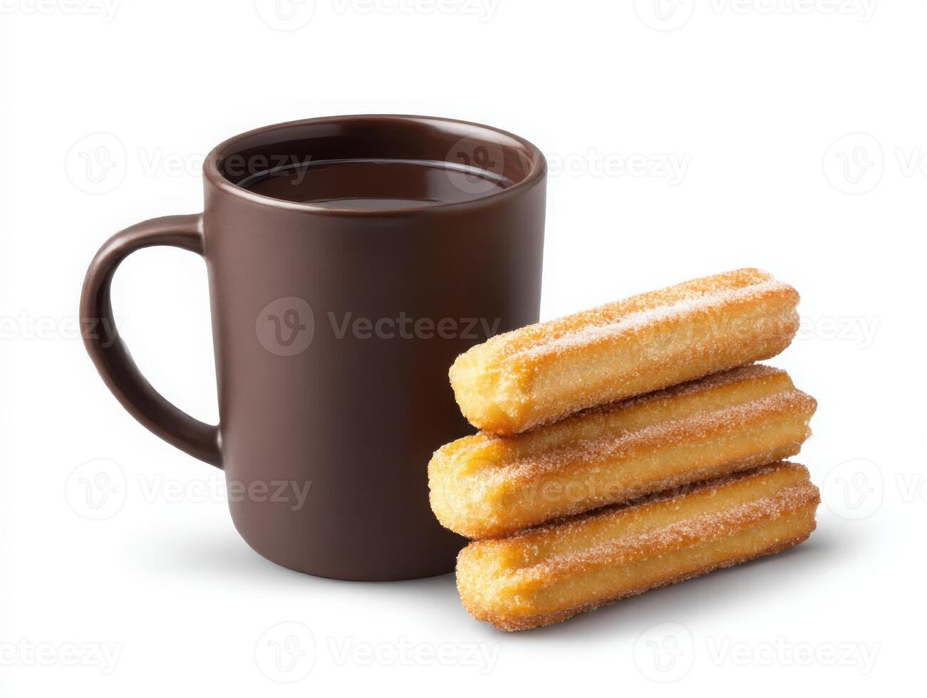 Churros and cup of coffee on white background photo