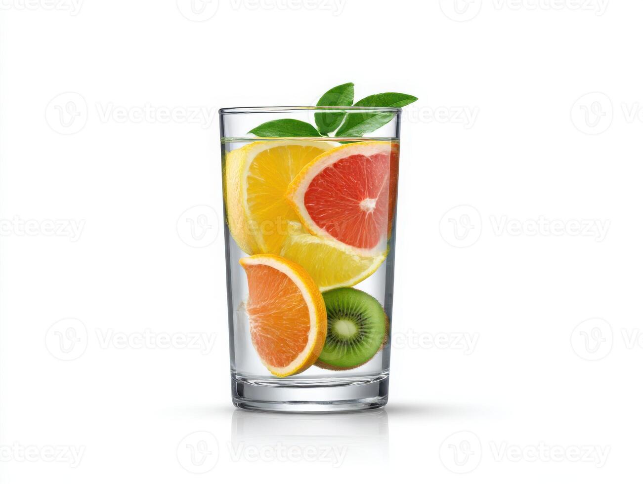 Fresh fruit juice in glass with lime, kiwi and orange slices photo