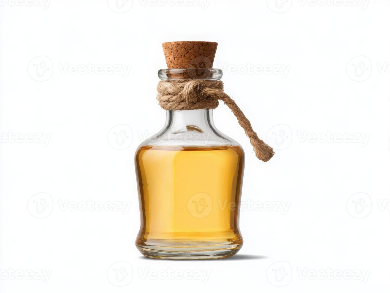 A bottle of oil with a cork on a white background photo