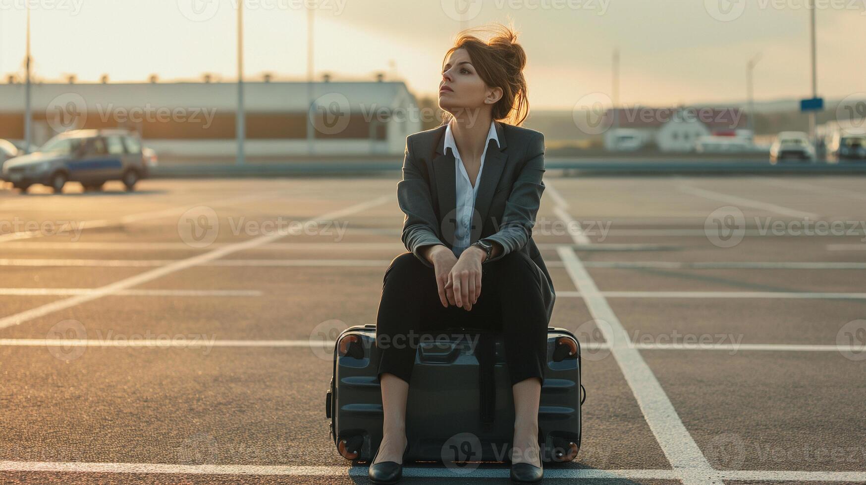 Flight delay frustration. A woman sitting on suitcase in airport parking lot. photo