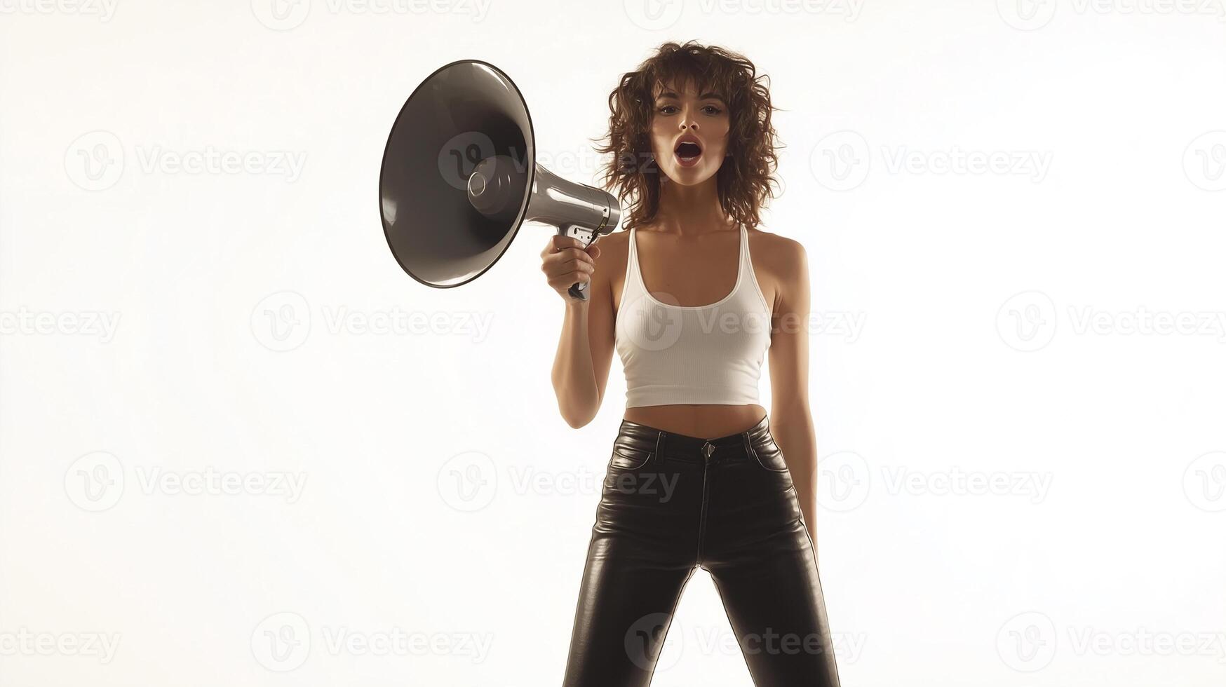 Public speaking concept. A woman with megaphone isolated on clean background. photo