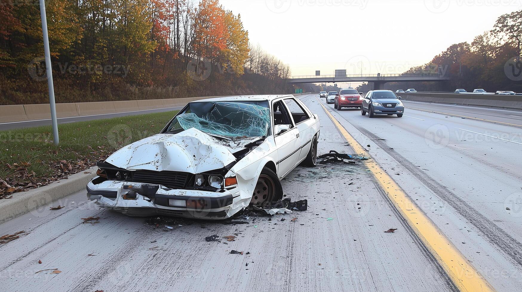 Insurance claim. white automobile after highway collision near roadside. photo