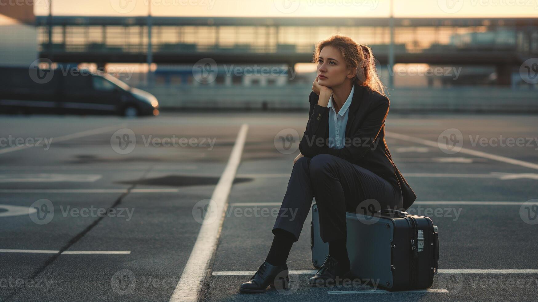 Corporate journey distress. A woman waiting alone at an airport parking area. photo