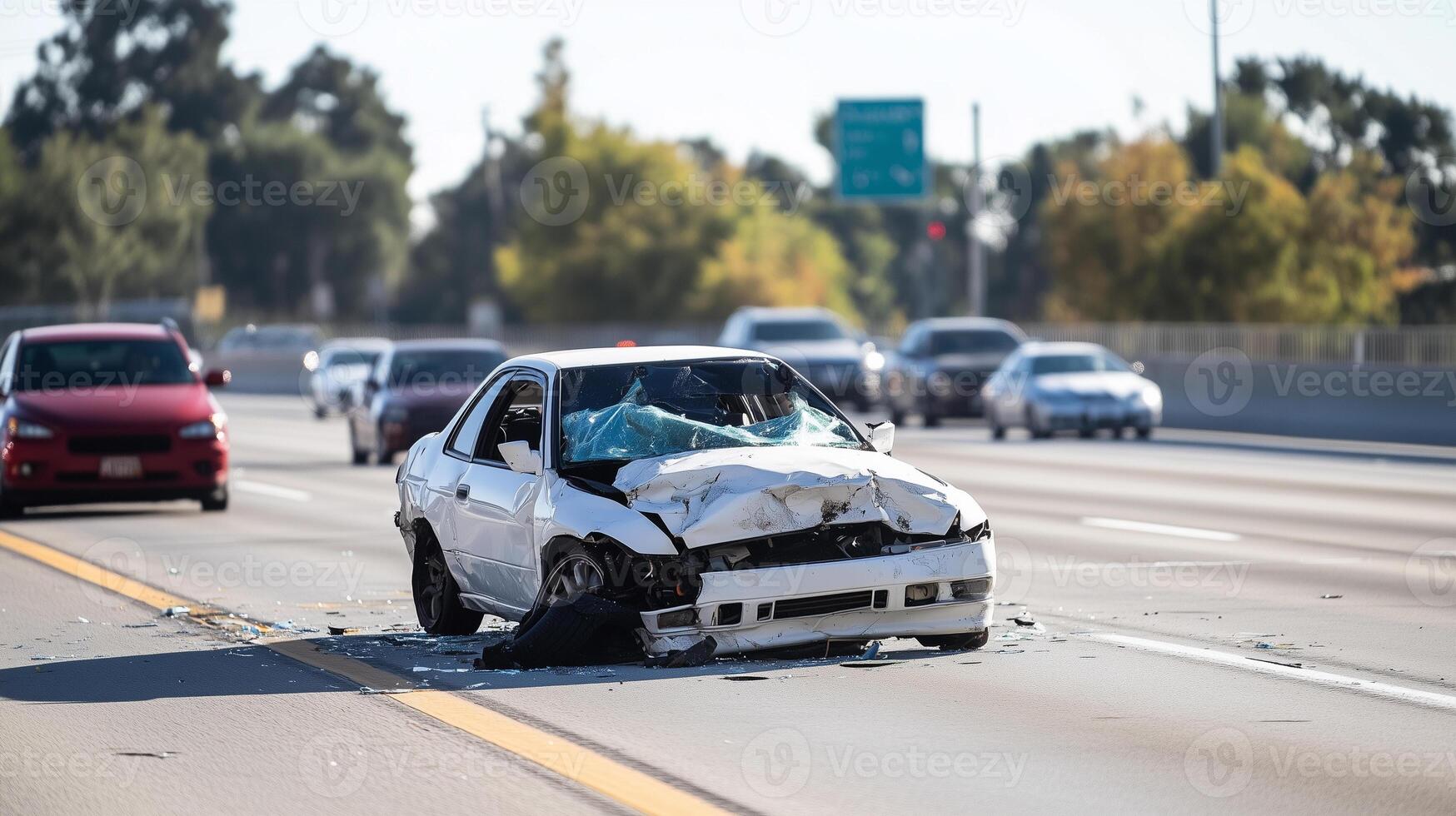 Traffic safety. wrecked car standing dangerously close to highway lanes. photo