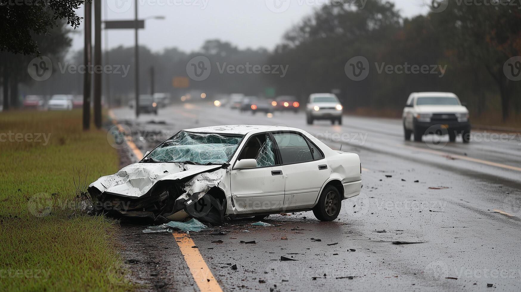 Traffic accident. damaged white car stopped on highway roadside. photo