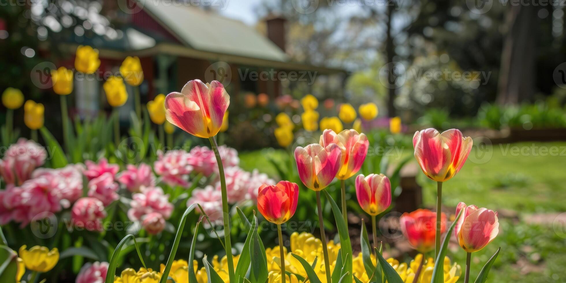 blooming beds of yellow pink tulips old small cozy wooden country house with a green courtyard, countryside, gardening, bright sunny day, photo