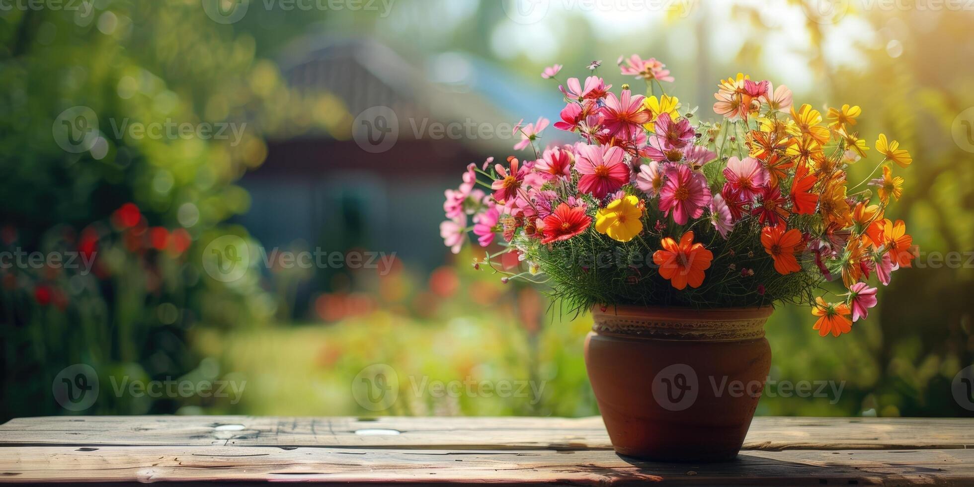 clay pot with pink red and yellow wildflowers on a wooden table, daisies, small cozy country house with a green courtyard, countryside, gardening, bright sunny day, copy space photo