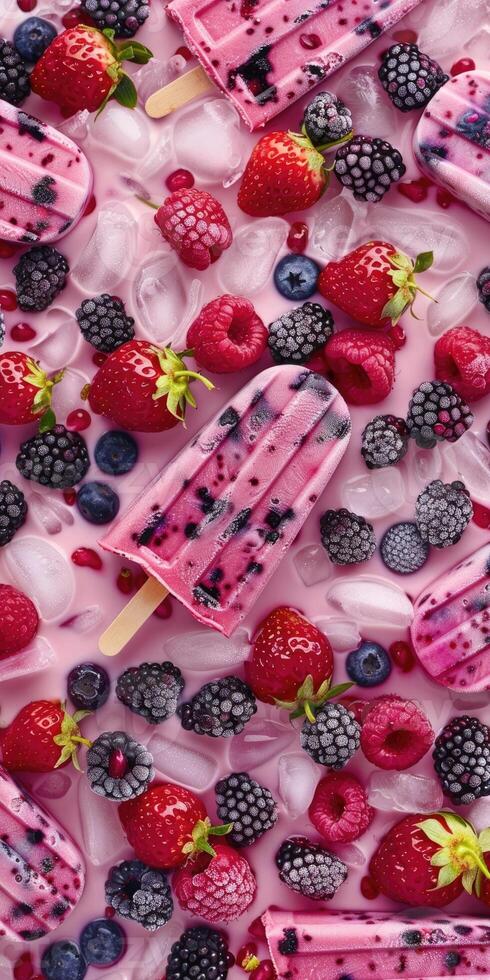 vertical summer banner, bright pink ice cream on a stick, fresh frozen berries, ice cubes, delicate saturated shades, pink background, poster for an ice cream shop photo