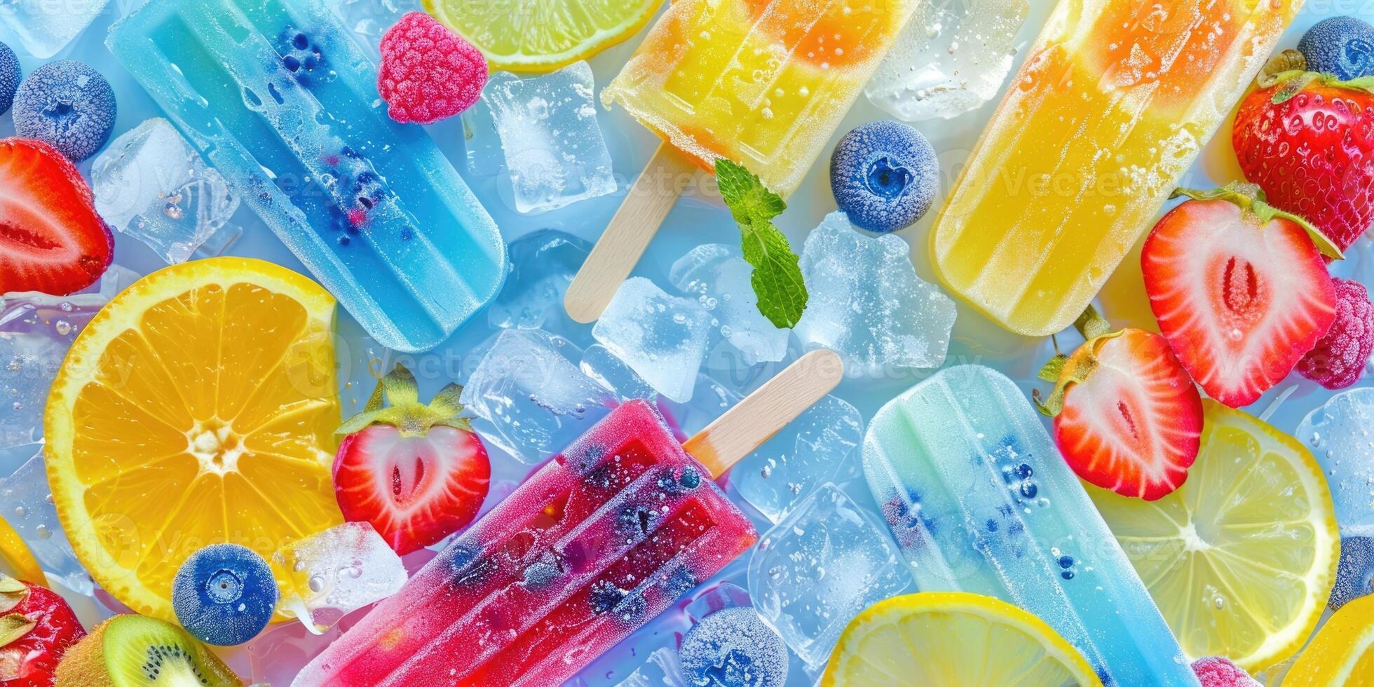 horizontal summer banner, bright yellow blue and red ice cream on a stick, slices of fresh berries and fruits, blue ice cubes, poster for an ice cream shop photo