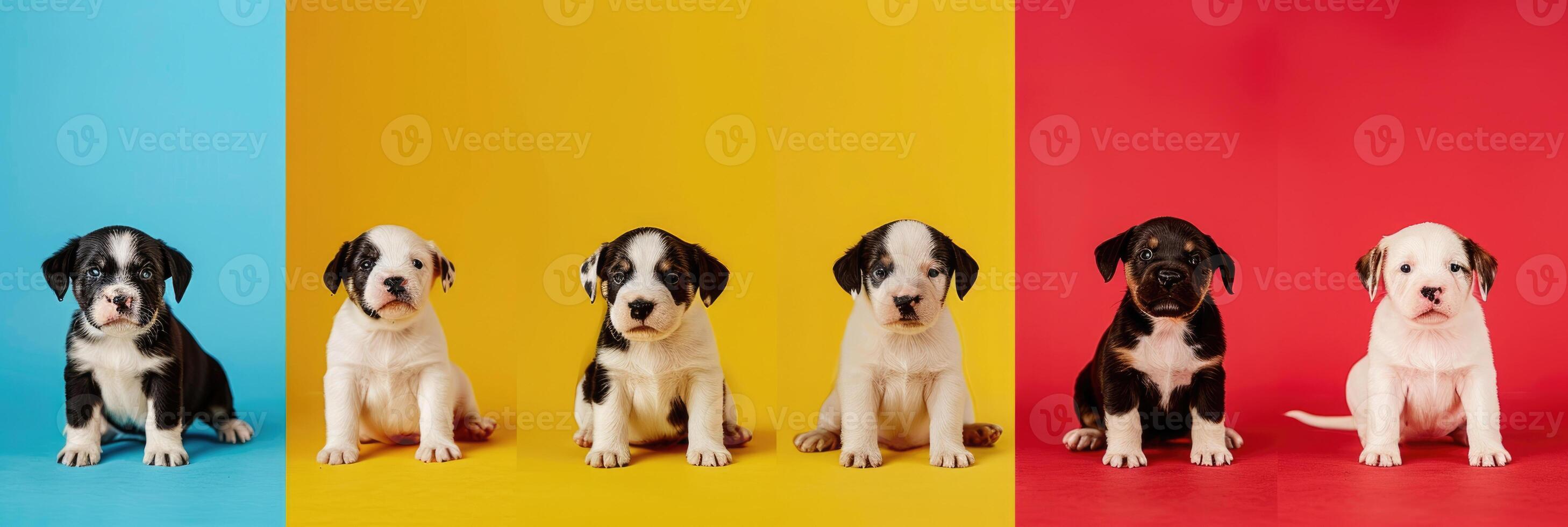 group of funny little Staffordshire Terrier puppies sitting in a row, white, black color, yellow blue red striped background, horizontal banner, World Pet Day photo