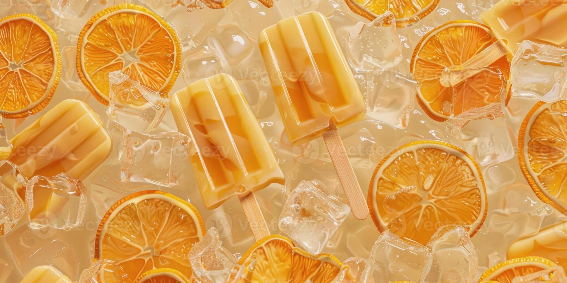 horizontal summer banner, bright orange ice cream on a stick, slices of fresh orange, scattered on ice cubes photo