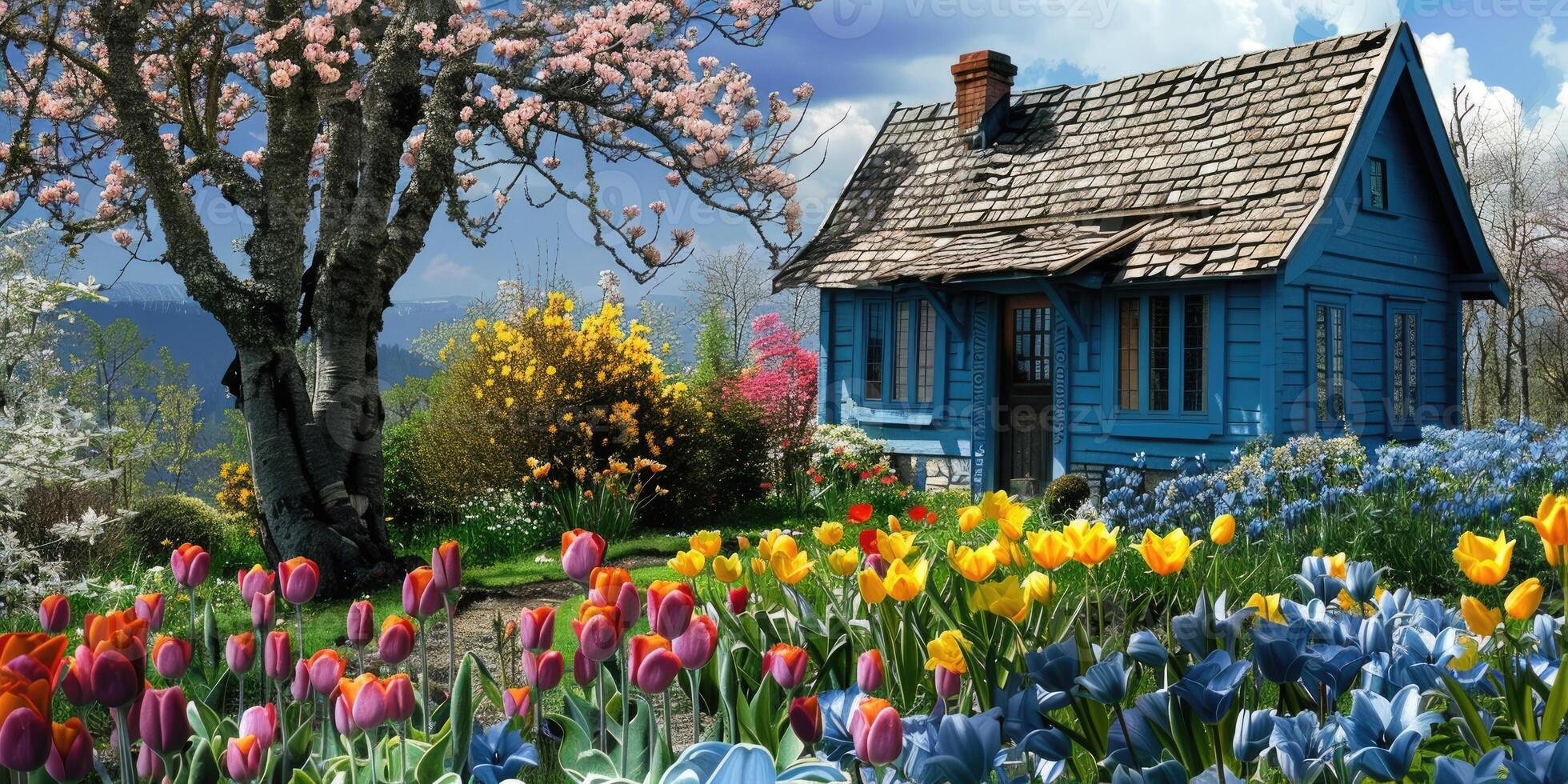 old small cozy blue country house with a green courtyard, countryside, gardening, bright sunny day, blooming beds of blue yellow red tulips photo