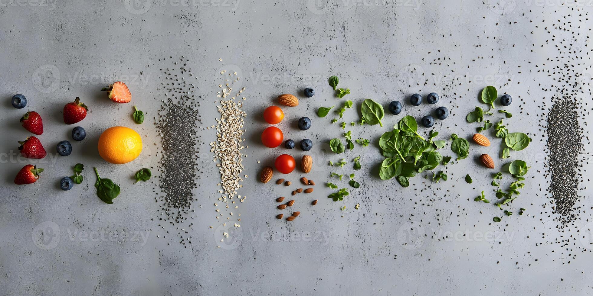 A variety of fruits and vegetables arranged in a line photo