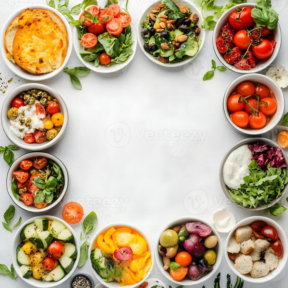 A circular arrangement of different types of food photo
