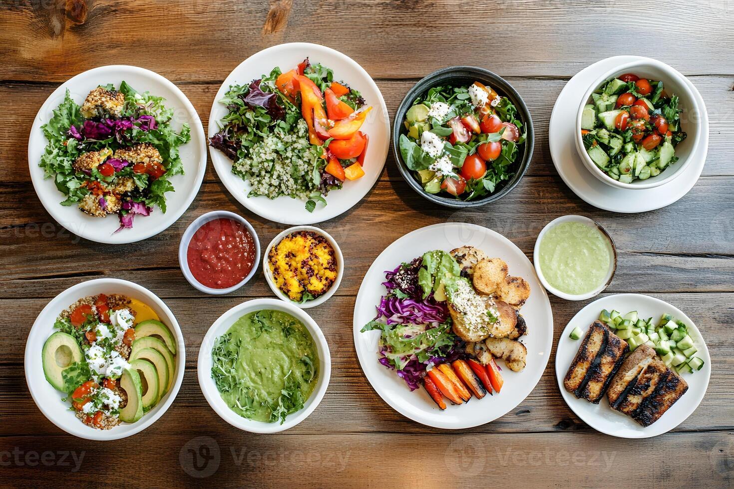 A table with many plates of food on it photo