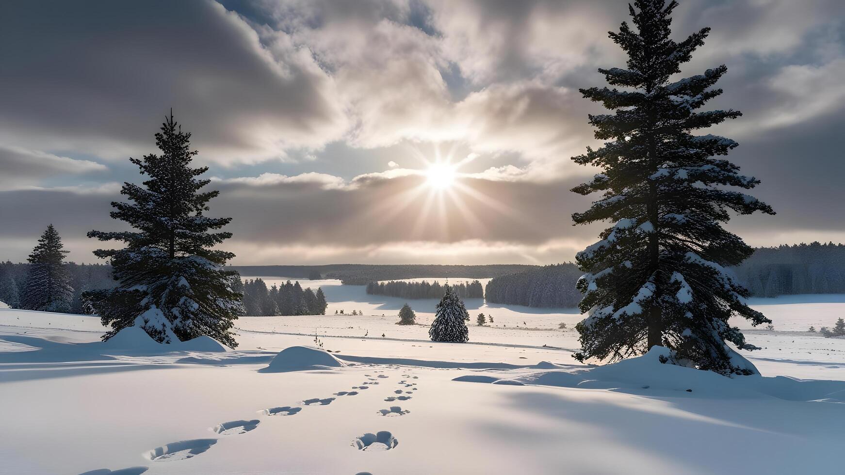 a snowy landscape with footprints in the snow photo