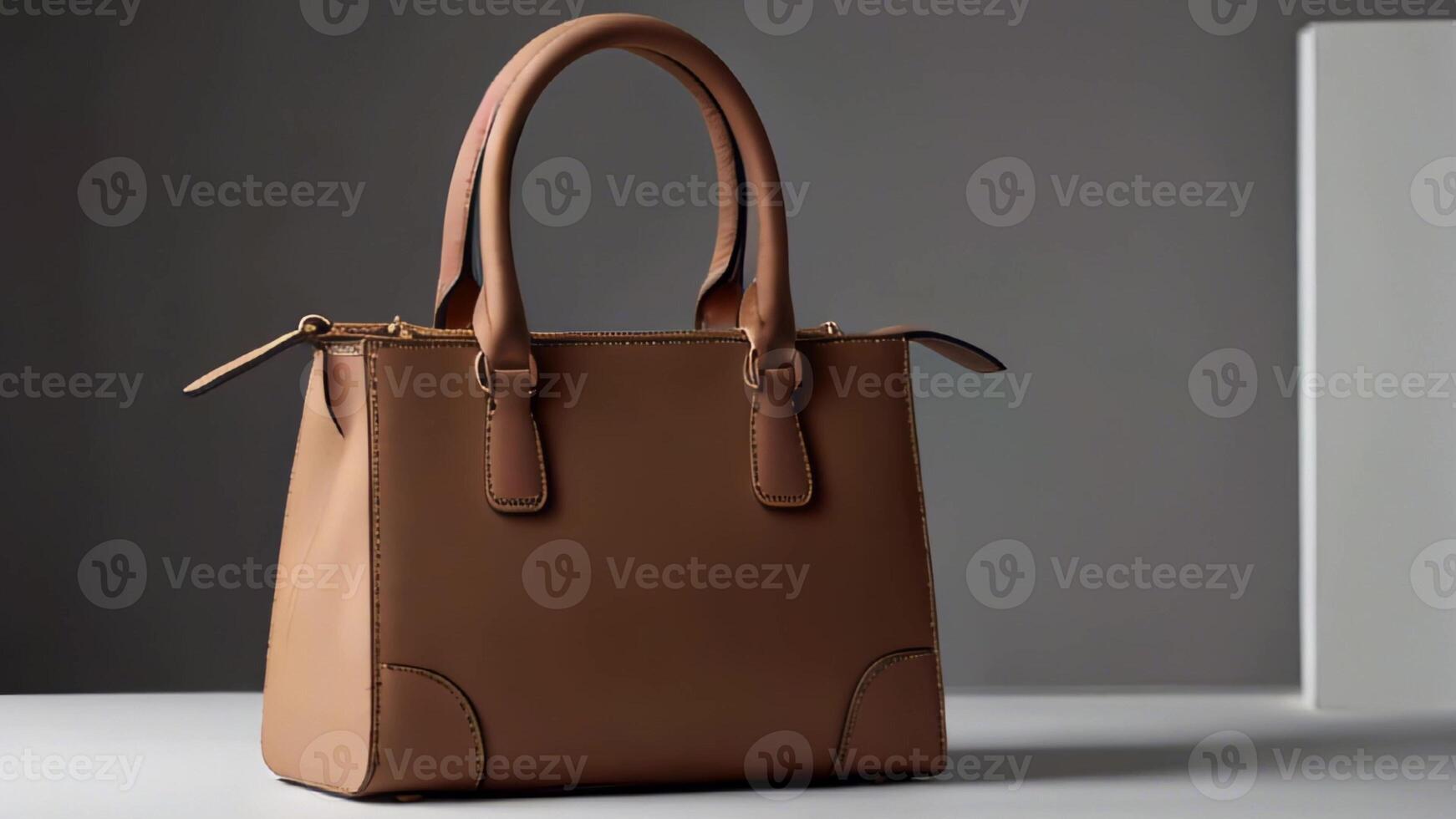 Elegant brown leather handbag on minimalist display for fashion and style photo