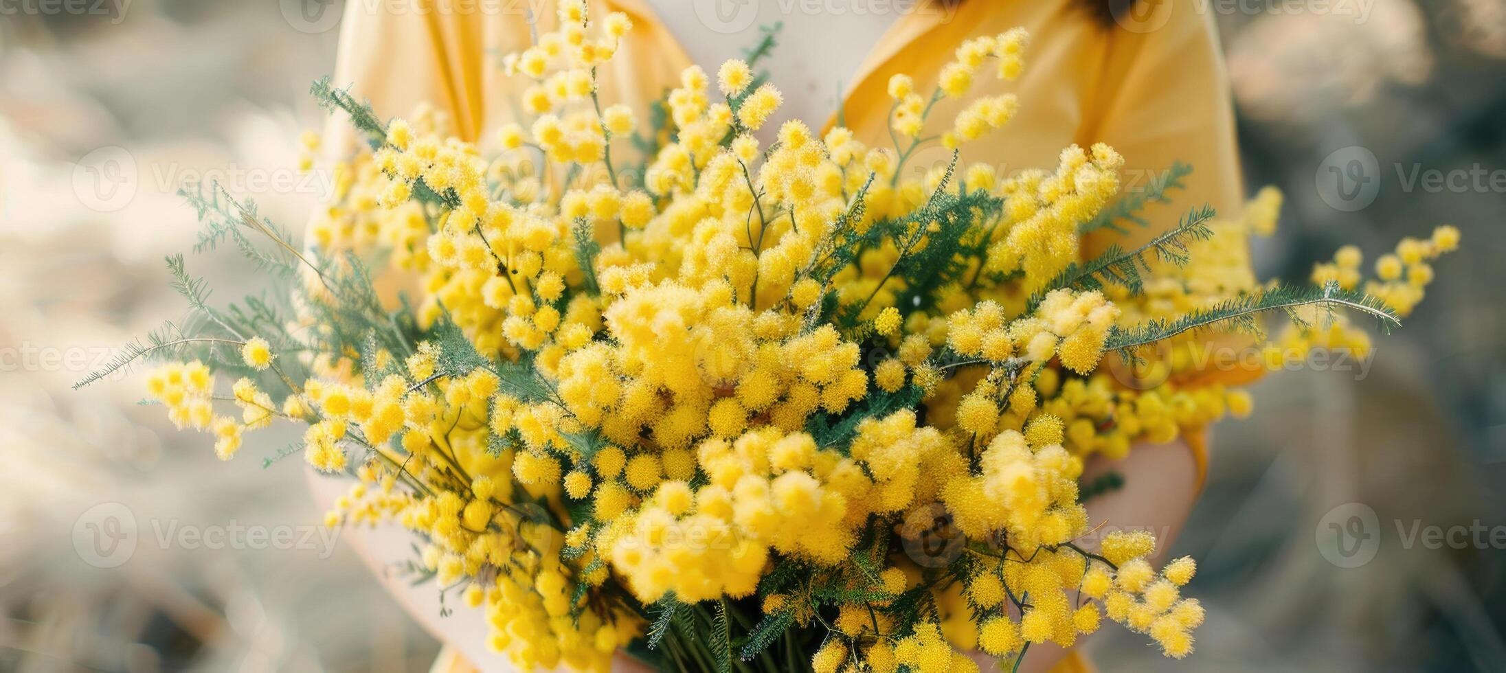 Gentle hands envelop a bright bouquet of mimosa photo