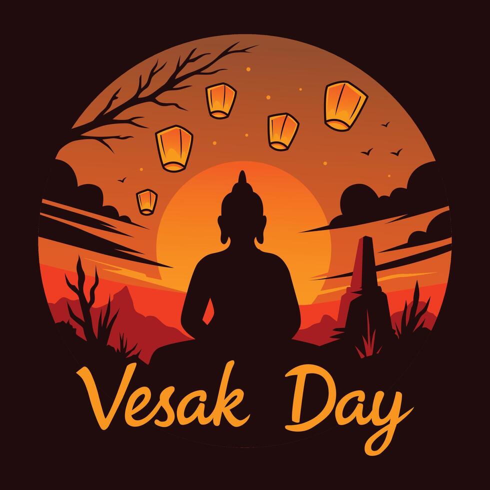 Vesak Day greeting design with Buddha silhouette and lantern concept vector