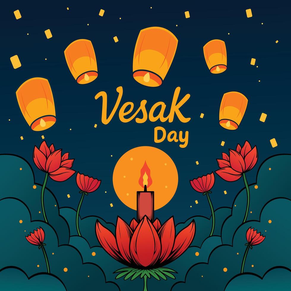 Lanterns and lotus flowers on Waisak night vector