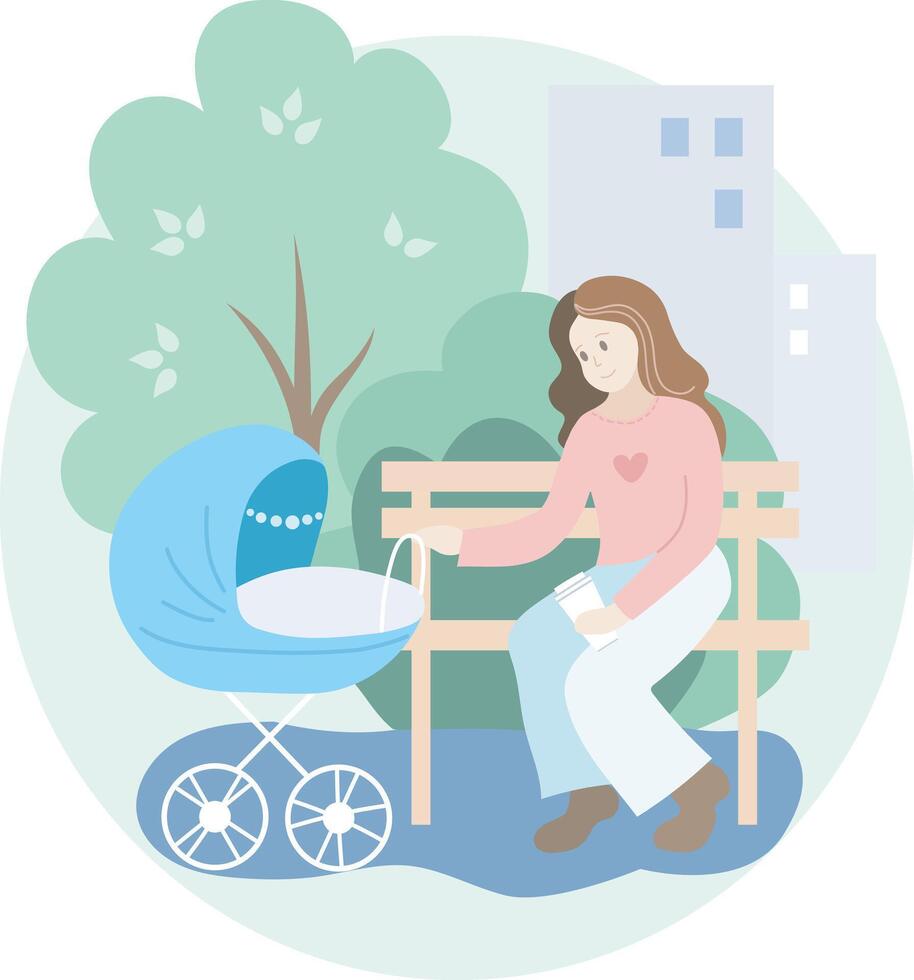 Mom with a baby stroller on a walk in a park vector