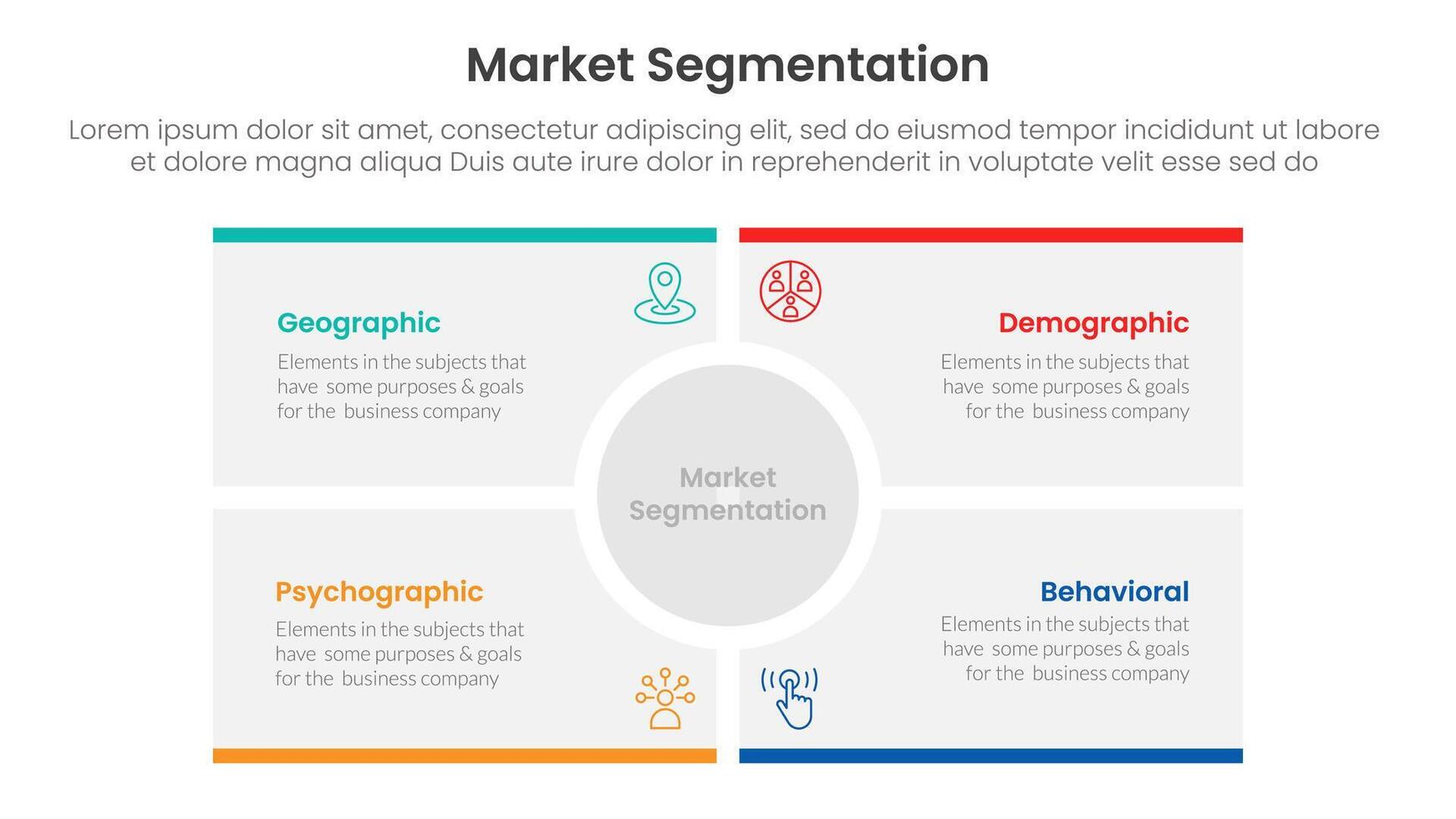 market segmentation framework analysis infographic 4 point stage template with big circle center rectangle square for slide presentation vector