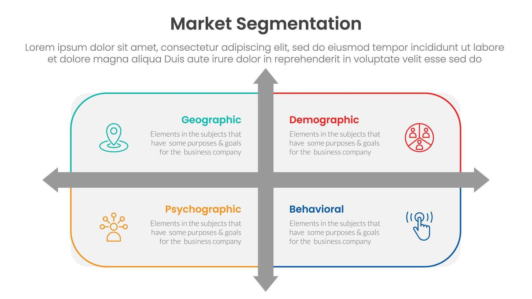 market segmentation framework analysis infographic 4 point stage template with rounded rectangle box and arrow direction for slide presentation vector