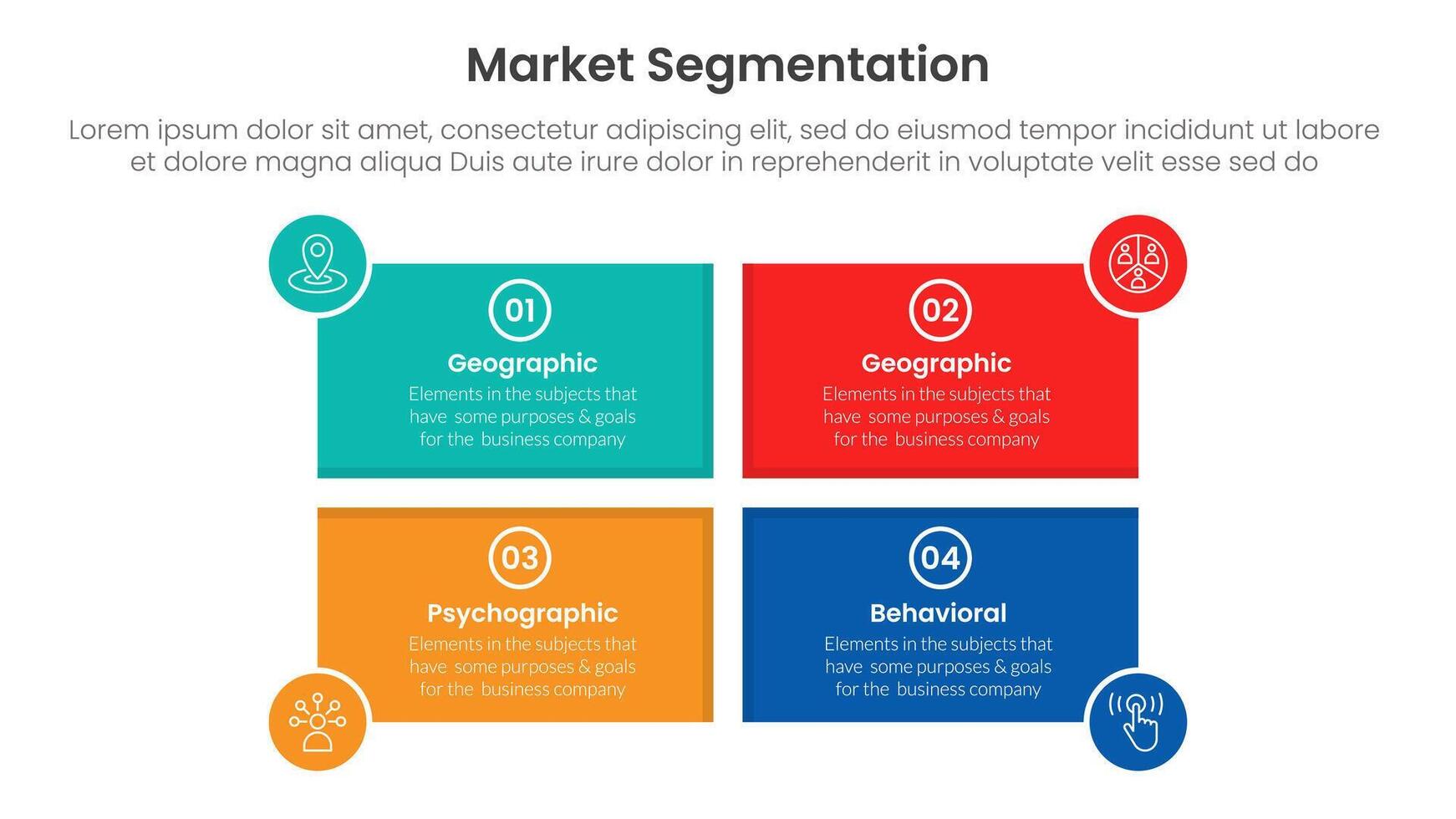 market segmentation framework analysis infographic 4 point stage template with rectangle shape and circle badge on edge for slide presentation vector