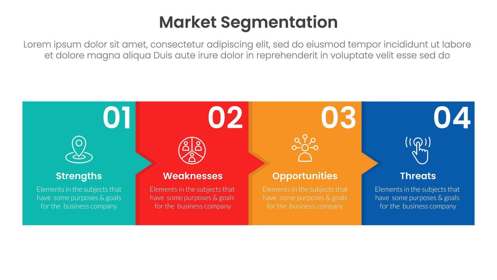 market segmentation framework analysis infographic 4 point stage template with box and small arrow for slide presentation vector
