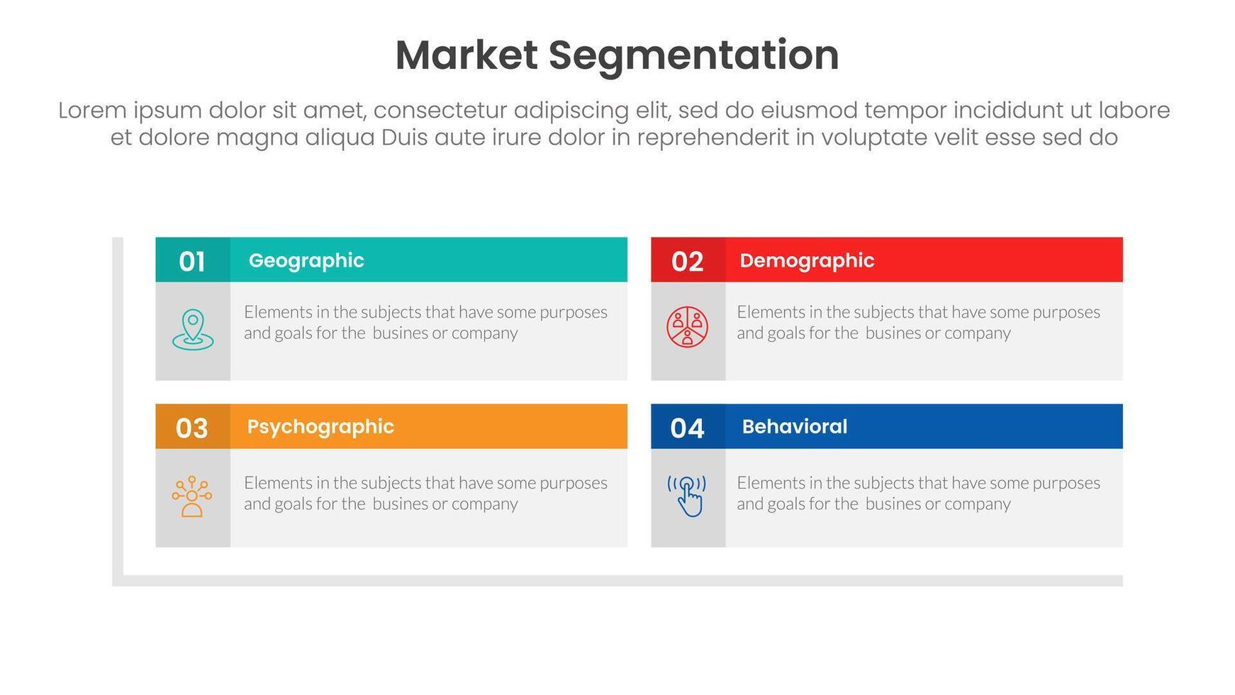 market segmentation framework analysis infographic 4 point stage template with rectangle box table header matrix structure for slide presentation vector