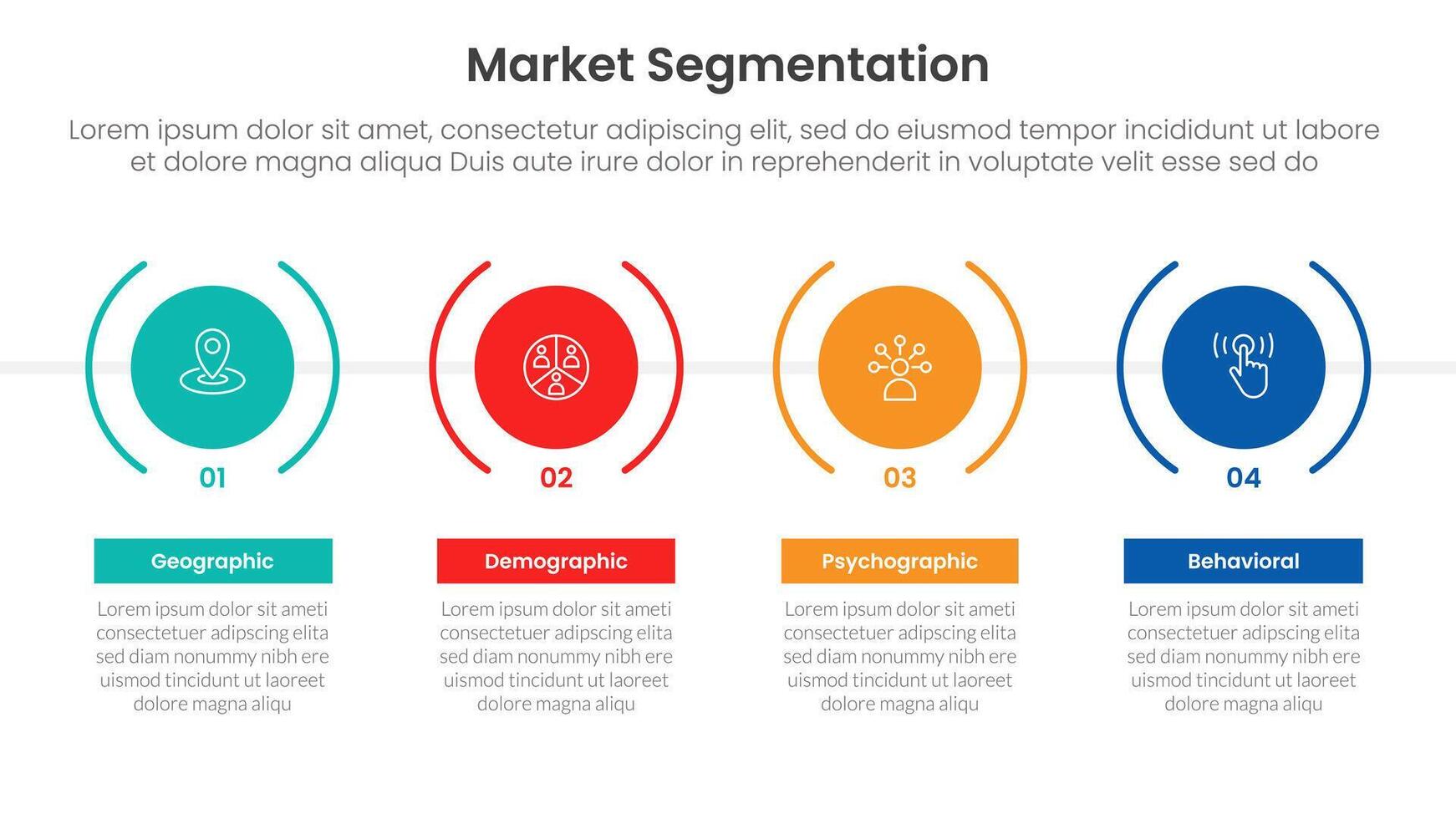 market segmentation framework analysis infographic 4 point stage template with timeline style with big creative circle for slide presentation vector