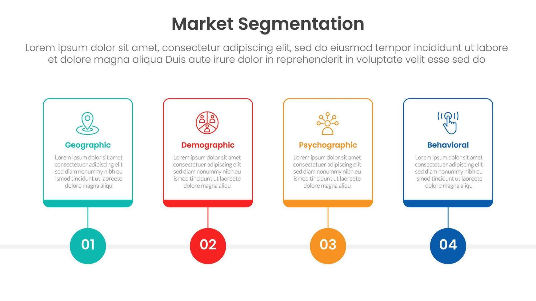 market segmentation framework analysis infographic 4 point stage template with outline table box and circle line point for slide presentation vector