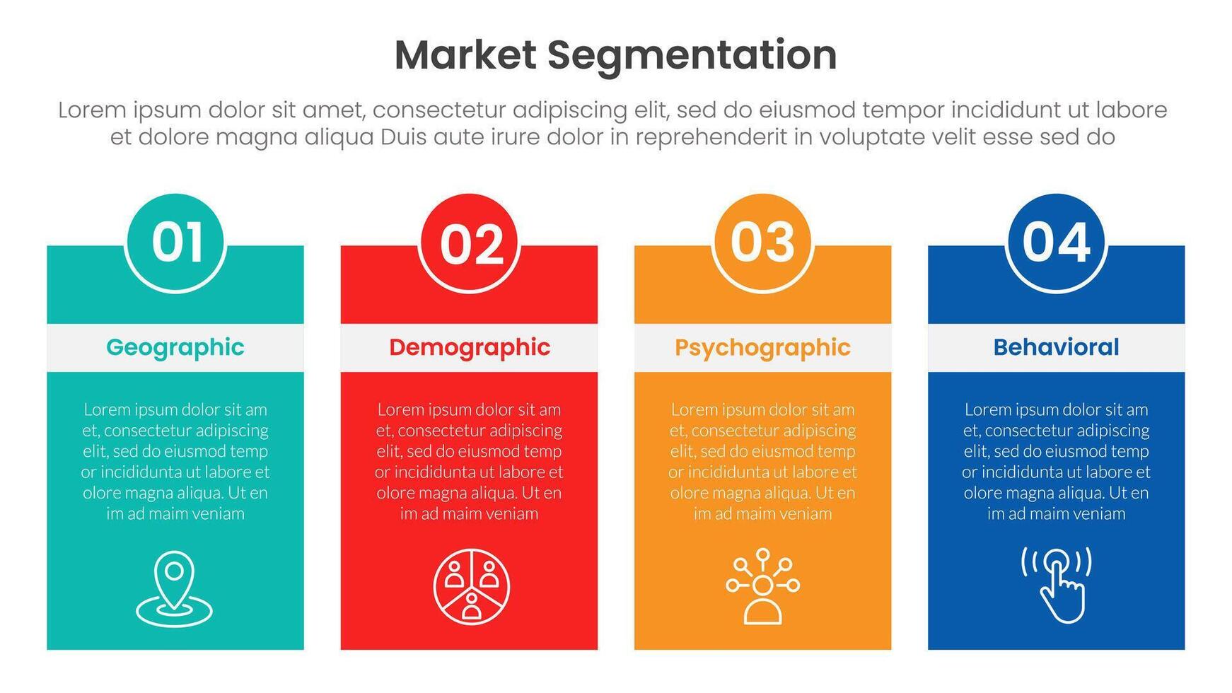 market segmentation framework analysis infographic 4 point stage template with box table with header badge and circle for slide presentation vector