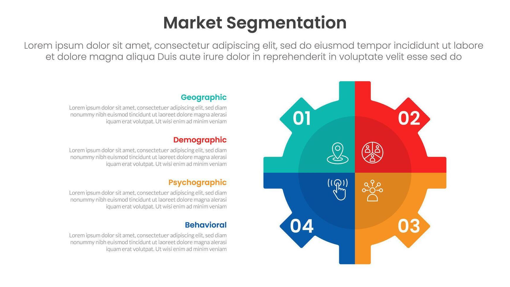market segmentation framework analysis infographic 4 point stage template with gear shape on right with vertical description for slide presentation vector