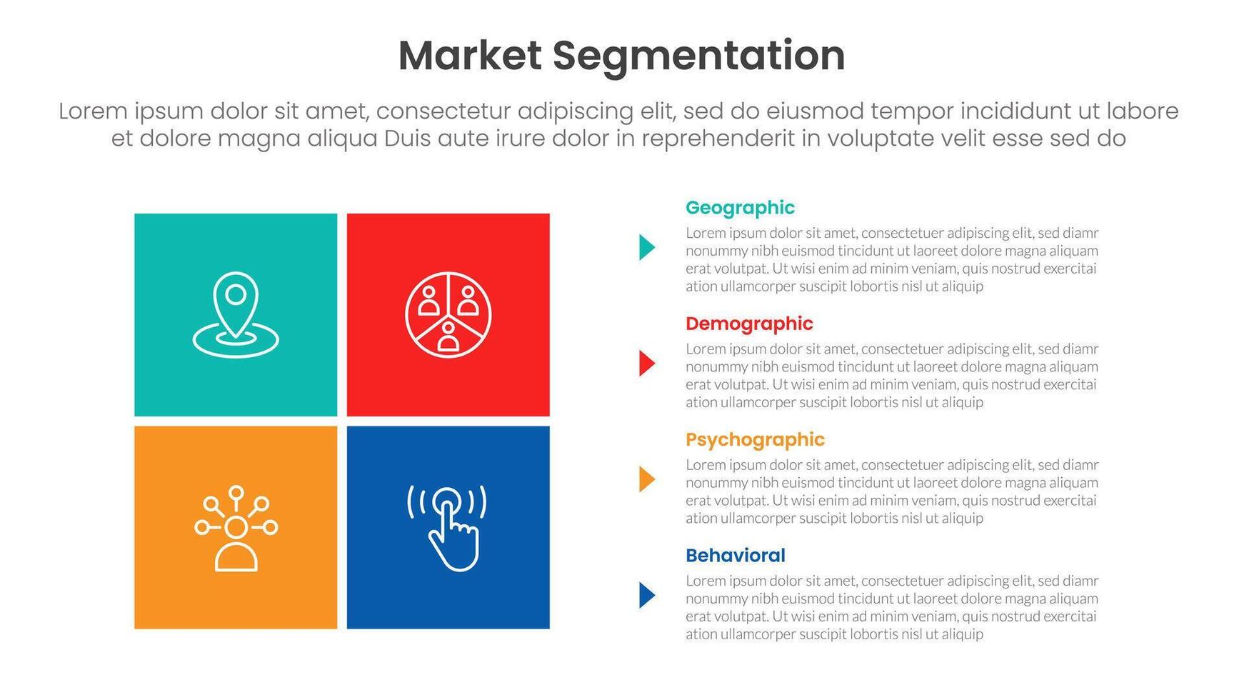 market segmentation framework analysis infographic 4 point stage template with matrix structure with block square shape on left column for slide presentation vector