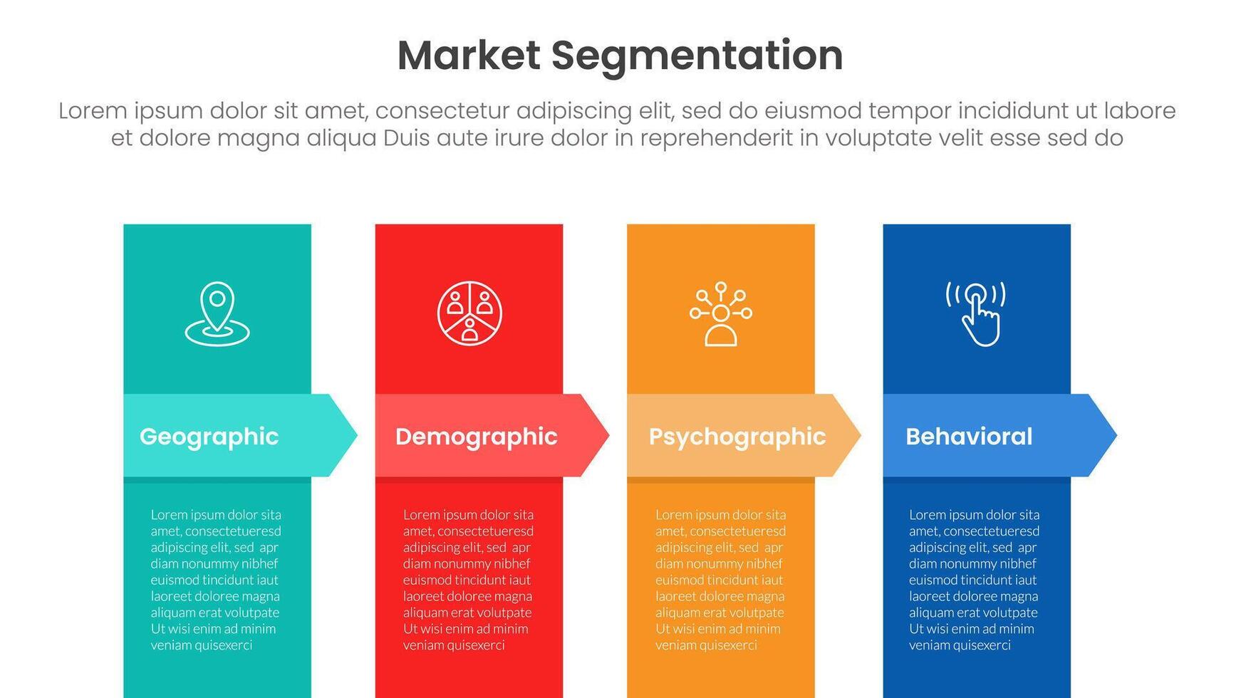 market segmentation framework analysis infographic 4 point stage template with vertical box and arrow badge header for slide presentation vector