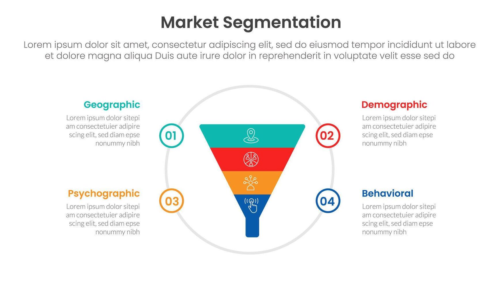 market segmentation framework analysis infographic 4 point stage template with funnel on big circle for slide presentation vector