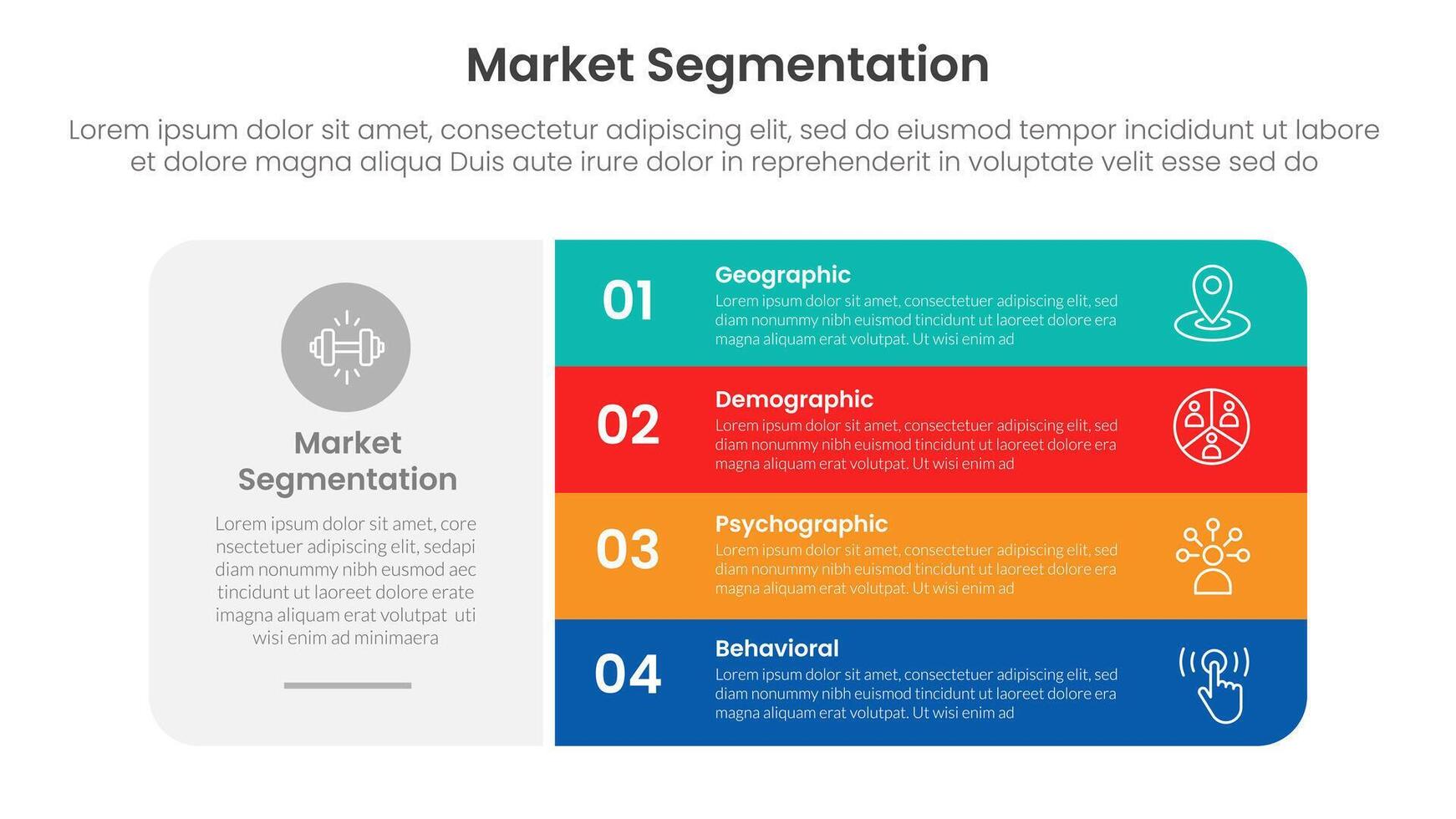 market segmentation framework analysis infographic 4 point stage template with big round box and vertical stack point for slide presentation vector