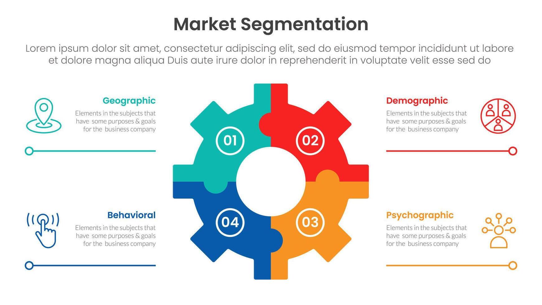market segmentation framework analysis infographic 4 point stage template with gear shape on center with line bottom description for slide presentation vector