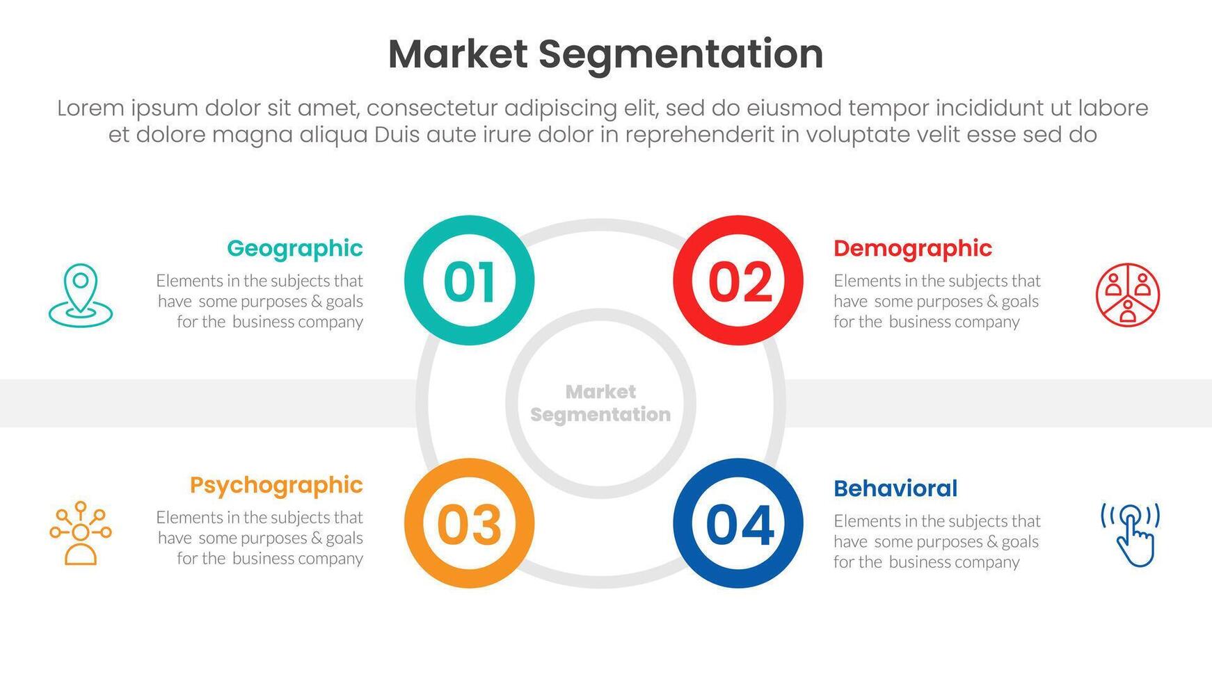 market segmentation framework analysis infographic 4 point stage template with outline circle and small circle edge side for slide presentation vector
