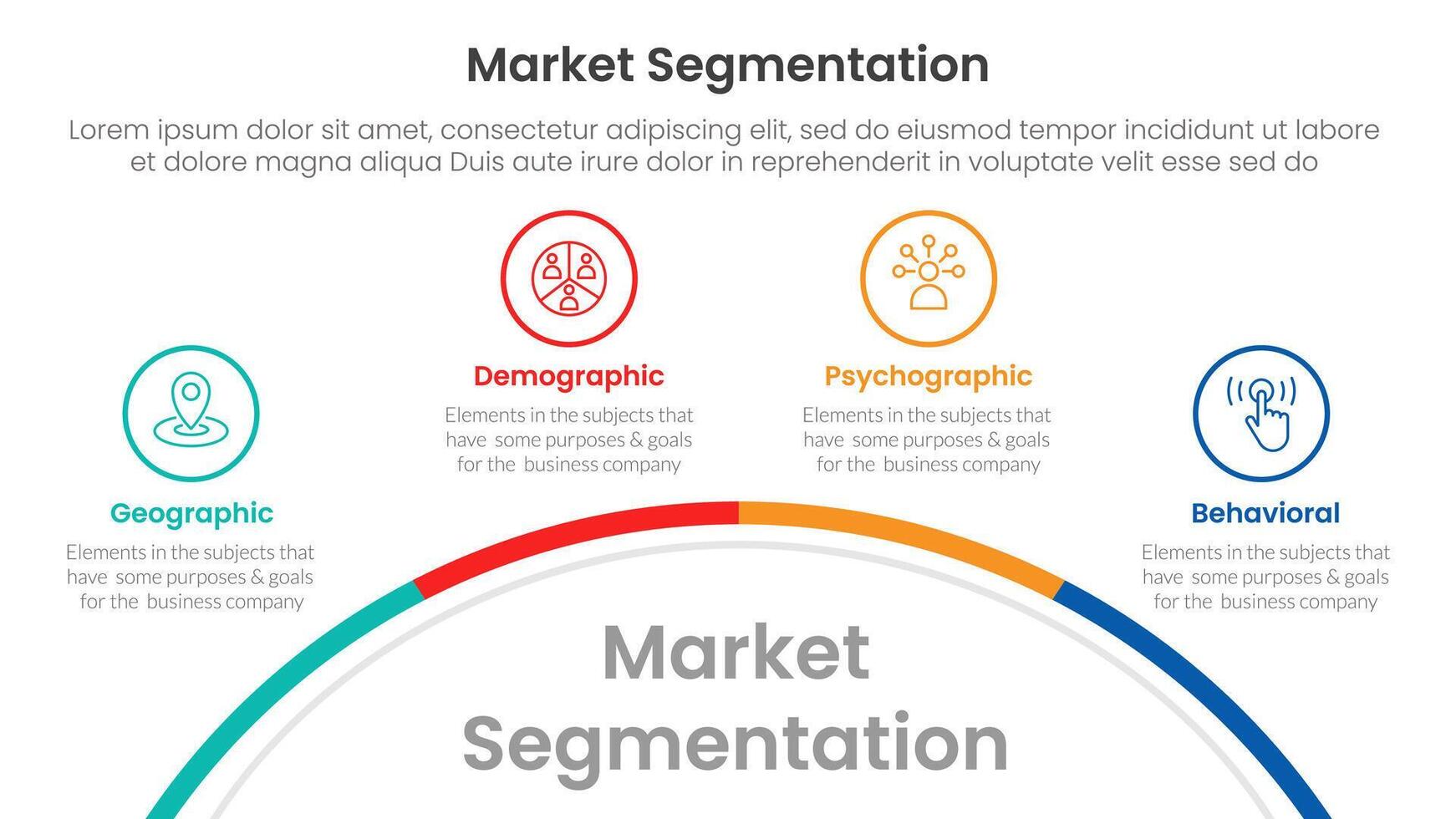 market segmentation framework analysis infographic 4 point stage template with half circle bottom with outline point for slide presentation vector
