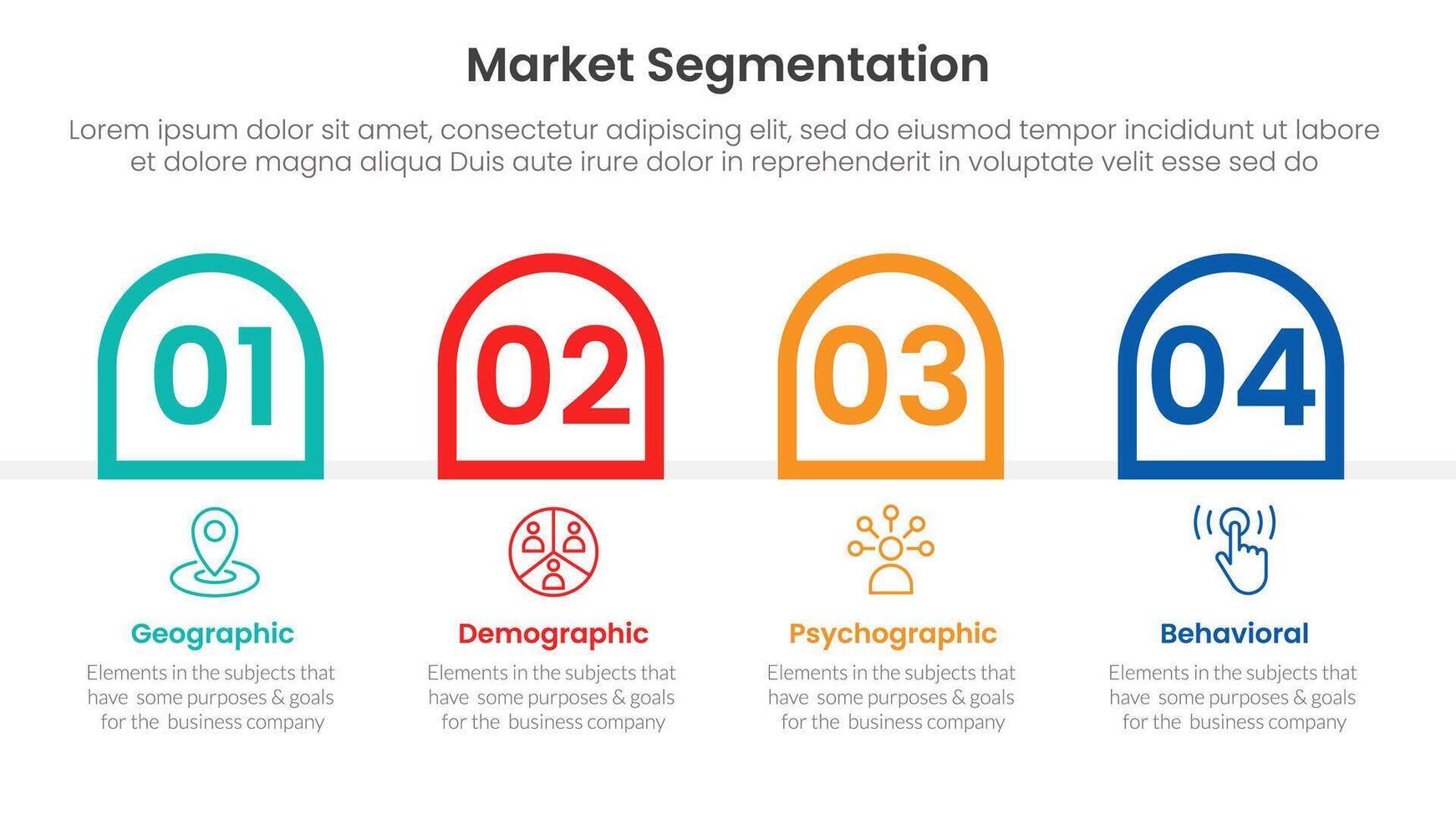market segmentation framework analysis infographic 4 point stage template with round outline box container horizontal for slide presentation vector