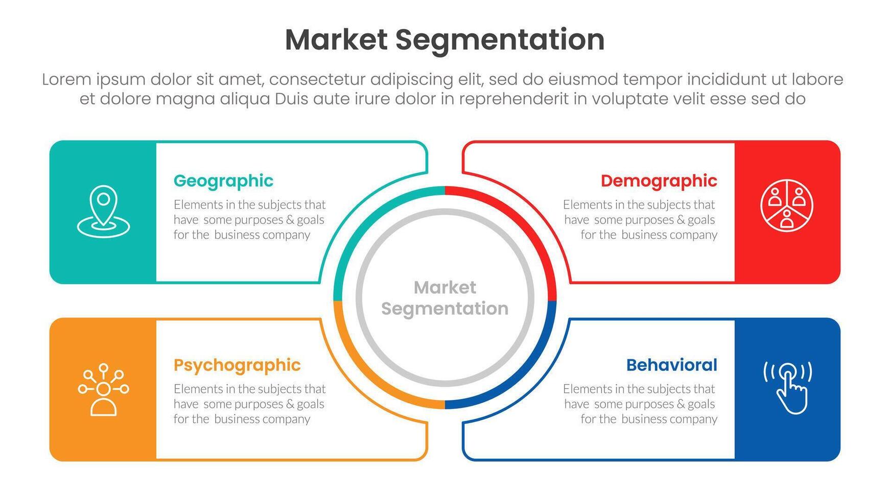 market segmentation framework analysis infographic 4 point stage template with outline circle center and outline rectangle box for slide presentation vector