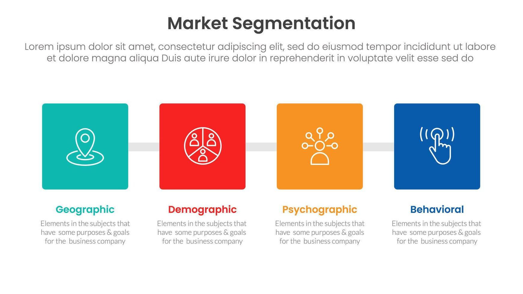 market segmentation framework analysis infographic 4 point stage template with square box with horizontal direction for slide presentation vector