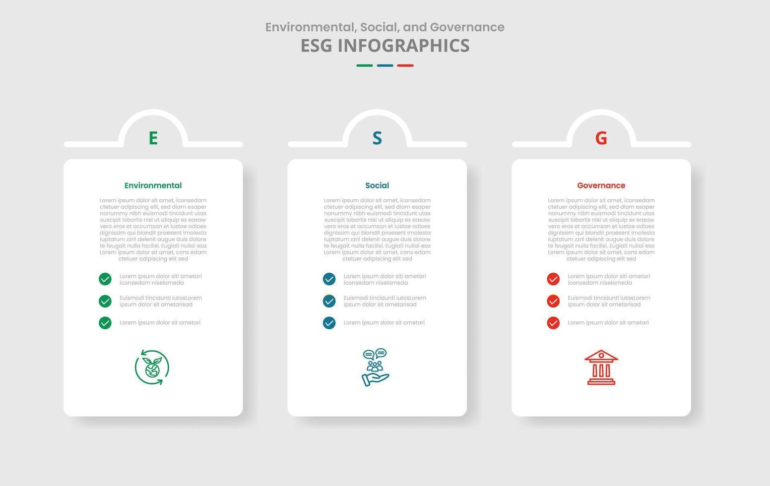 ESG sustainability concept for infographic with drop shadow style with vertical box with half circle top badge with 3 point list information vector